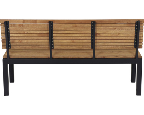 Rückansicht einer Holzbank mit Metallgestell für den Außenbereich
