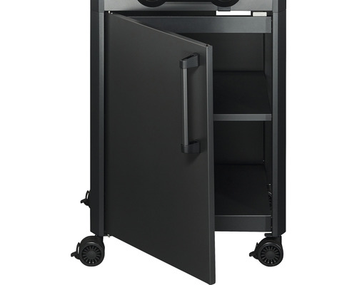 Grillwagen mit offener Tür und Rollen für den Transport