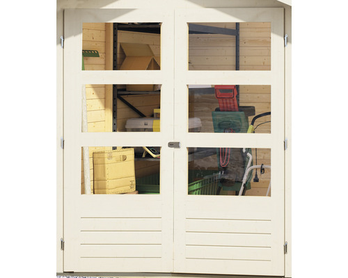 Doppeltür einer Gartenhütte mit Fenstern und Blick auf Gartengeräte