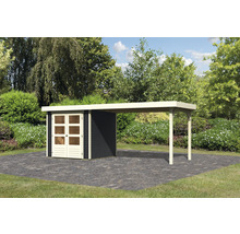 Gartenhaus mit Carport auf Rasenfläche