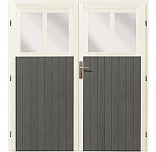 Doppeltür aus Holz mit Fenstern im oberen Bereich