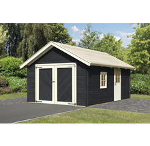 Schwarzes Gartenhaus aus Holz mit Doppeltür und Einzeltür