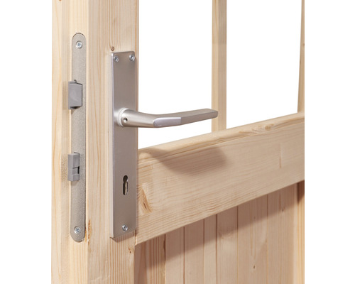 Detailansicht einer Holztür mit Schloss und Türgriff