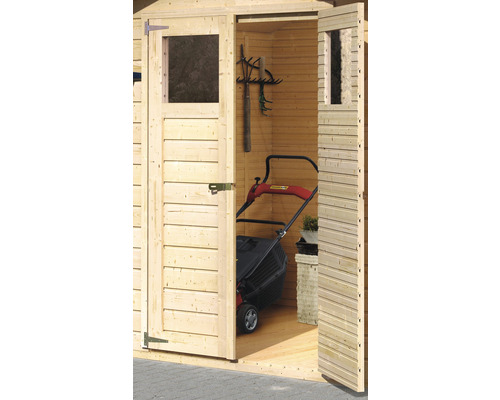 Offener Holz Geräteschuppen mit Gartengeräten und Rasenmäher