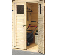 Offener Holz Geräteschuppen mit Rasenmäher und Gartengeräten