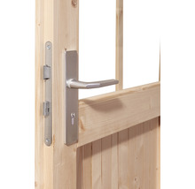 Detailansicht einer Holztür mit silberfarbenem Türgriff und Schloss