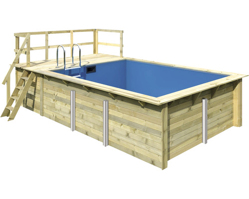 Aufstellpool Holzpool-Set Karibu rechteckig 582x353x124 cm inkl. Sandfilteranlage, Innenauskleidung blau & Leiter mit Plattform