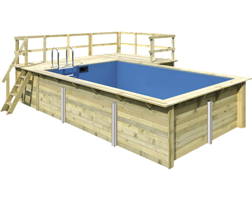 Aufstellpool Holzpool-Set Karibu rechteckig 672x483x124 cm inkl. Sandfilteranlage, Innenauskleidung blau & Leiter mit erweiterter Plattform