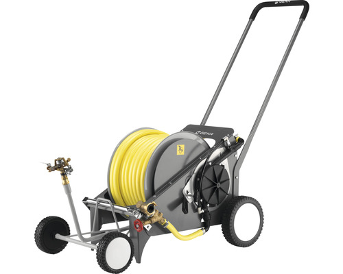 Geka Schlauchwagen mit gelbem Gartenschlauch und Sprinkler