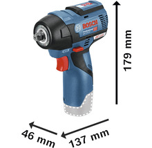 Bosch Schlagschrauber mit den Maßen 179 mm Höhe, 46 mm Breite und 137 mm Länge.