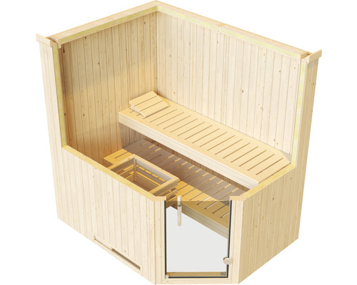 Innenansicht einer Holzsauna mit Bänken und Glastür
