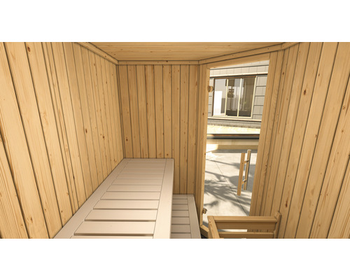 Holzsauna mit Liegefläche und offenem Eingang