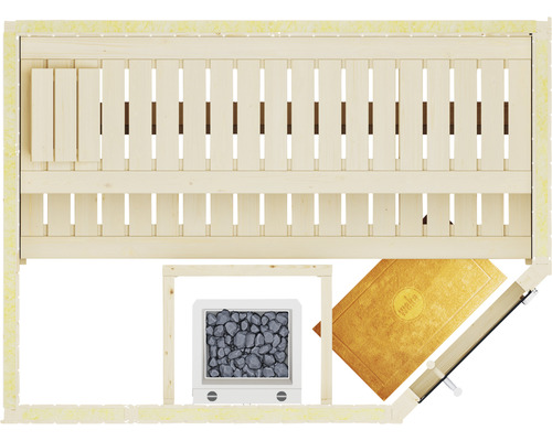 Draufsicht einer Sauna mit Bänken, Ofen, Bodenmatte und Lüftung