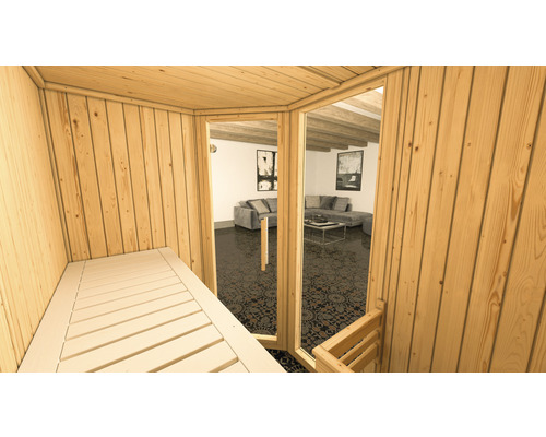 Innenansicht einer Holzsauna mit Sitzbank und Blick in einen Wohnraum.