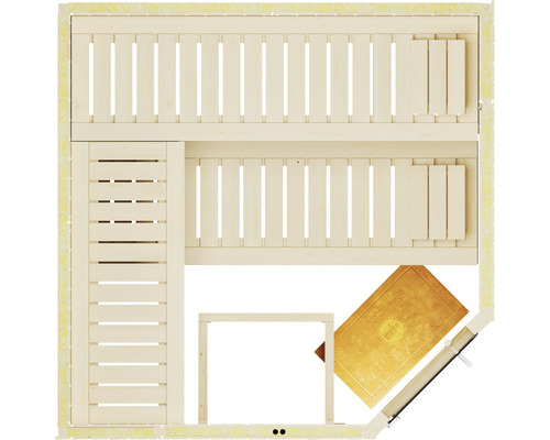 Innenansicht einer Sauna mit Holzbänken und Zubehör