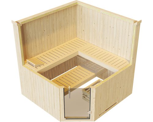 Innensauna aus Holz mit Bänken und Glastür