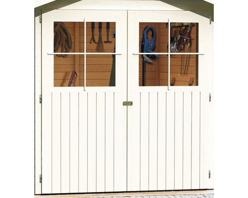 Gartengerät-Lagerraum mit Doppeltür und Fenstern