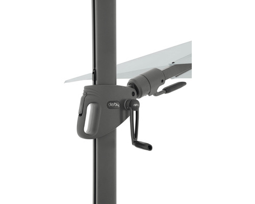 Detailansicht eines Sonnenschirms mit Handkurbelmechanismus