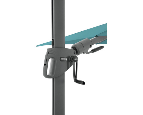 Detailansicht eines Sonnenschirms mit Kurbelmechanismus zur einfachen Bedienung