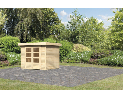 Gartenhaus aus Holz mit Flachdach und Doppeltür im Garten