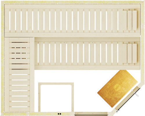 Draufsicht einer Sauna mit Holzbänken, einer Tür und einer Fußmatte.