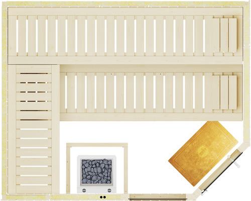 Draufsicht einer Holzsauna mit Bänken, Ofen und Fußmatte.