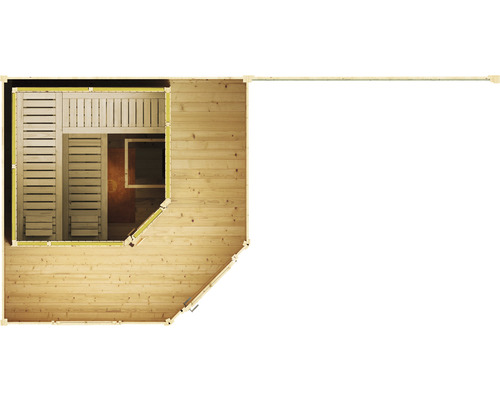 Draufsicht einer Holzsauna mit Außenbereich