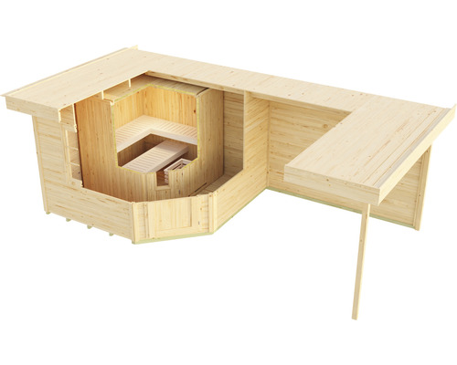 Holzsauna mit Bänken im Innenbereich