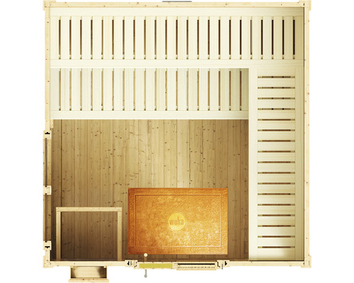 Draufsicht einer Holzsauna mit Bänken und Ofen