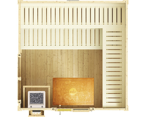 Draufsicht einer Holzsauna mit Bänken, Saunaofen und WEKA Logo