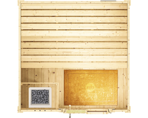 Draufsicht einer Holzsauna mit Saunaofen und Saunasteinen