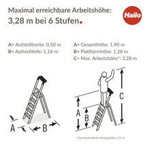 Technische Zeichnung einer Hailo Leiter mit sechs Stufen und Maßangaben