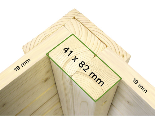 Detailansicht einer Holzkonstruktion mit den Maßen 41 x 82 Millimeter und 19 Millimeter