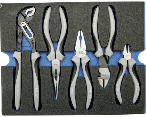 Zangenset mit Wasserpumpenzange, Kombizange, Seitenschneider, Telefonzange und Kabelschneider in Werkzeugkoffer