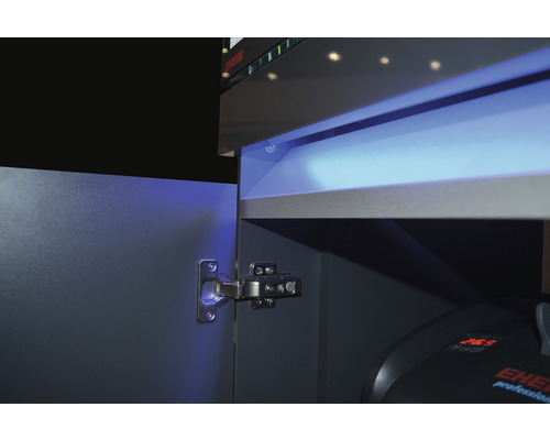 Detailaufnahme eines Aquarium Unterschranks mit Türscharnier und Innenbeleuchtung