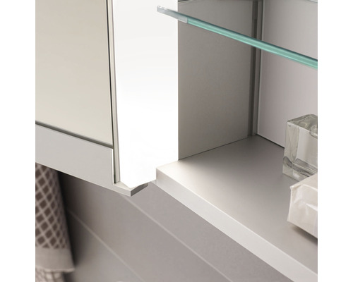 Detailansicht eines Badezimmerschranks mit Spiegeltür und Glasablage