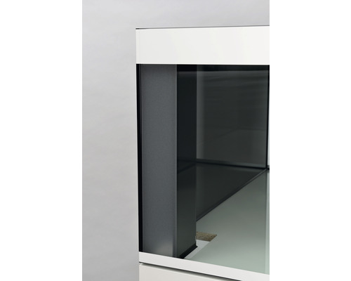 Detailansicht eines Aquariums mit Glasbecken und Unterschrank