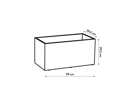 Abbildung eines rechteckigen Pflanzkastens mit den Maßen 29,5 cm Breite, 29,2 cm Höhe und 59 cm Länge.