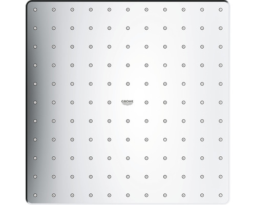 Quadratischer Duschkopf mit mehreren Wasserdüsen und Grohe Logo.