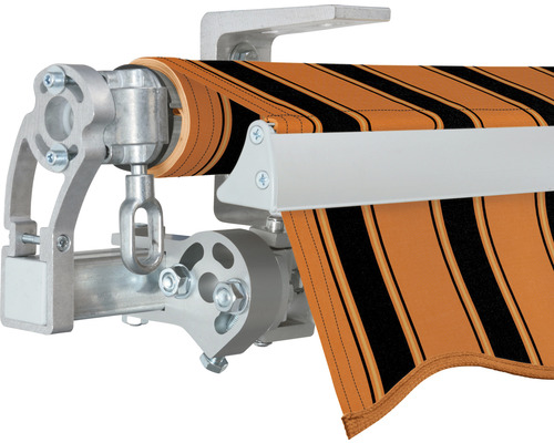 Detailansicht einer Gelenkarmmarkise mit gestreiftem Markisentuch und Aluminiumgestell