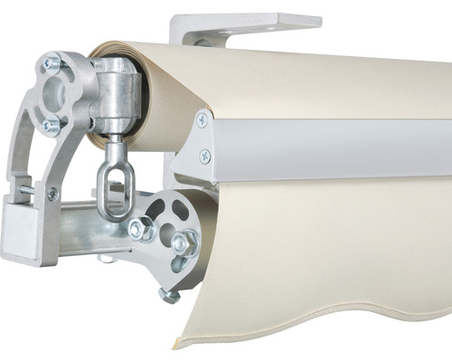 Detailansicht einer Gelenkarmmarkise mit hellem Markisentuch und silberfarbenem Gestell