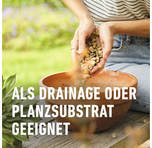 Frau füllt Tongranulat als Drainage oder Pflanzsubstrat in Pflanzgefäß