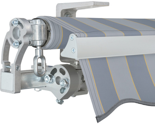 Detailansicht einer Gelenkarmmarkise mit Streifenmuster und Metallgestell