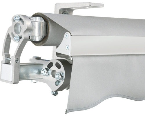 Detailansicht einer Markise mit Mechanik und Stoff