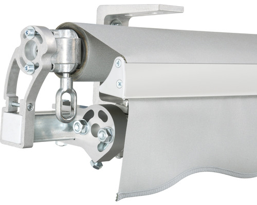 Detailansicht einer Markisenmechanik mit Halterung und Tuchwelle