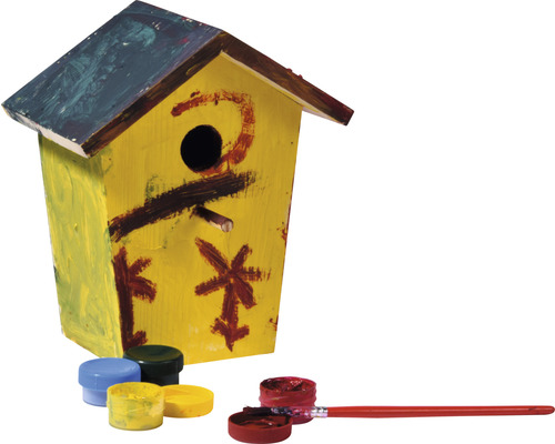 Bemaltes Vogelhaus mit Farben und Pinsel