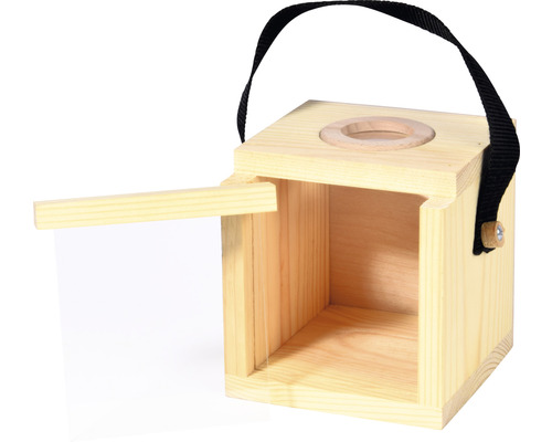 Vogelhaus aus Holz mit offener Tür und Tragegurt