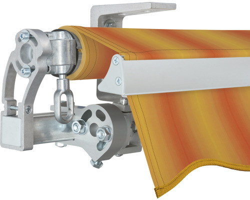 Detailansicht einer Gelenkarmmarkise mit Stoff und Befestigungselementen.
