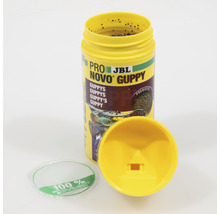 JBL Novo Guppy Fischfutter in gelber Dose mit geöffnetem Deckel
