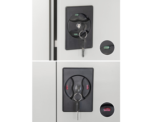 Schranktürschloss mit Schlüssel in geöffneter und geschlossener Position